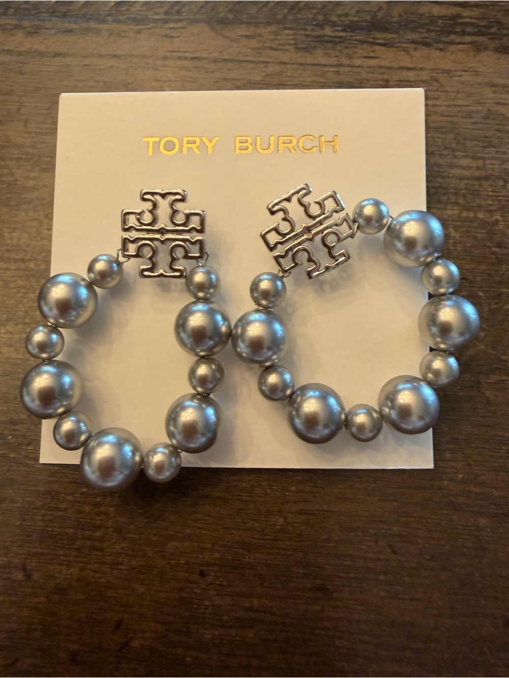 Tory Burch Silver-Tone Pearl Hoop Earrings with Logo Studs